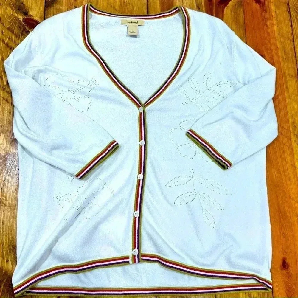 Bechamel button front cardigan white with cut out floral design & striped trim